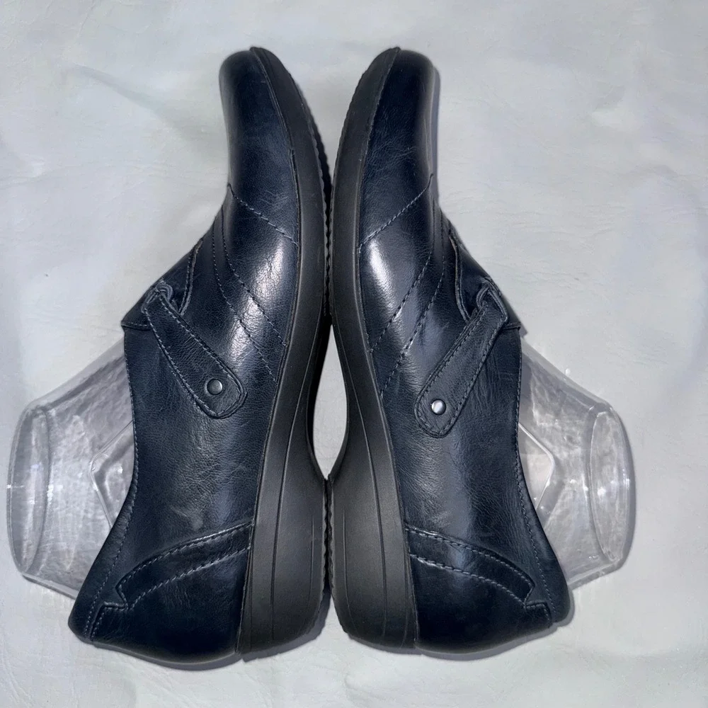 Dansko Black Leather Pleated Slip On Loafers‎ Velcro Closure Wedge Shoes 39
